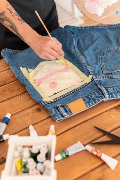 A person customizing a denim jacket with patches, embroidery, and paint, showcasing various personalization techniques. Close-up shots of the customized details.