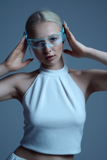 A model wearing technologically advanced eyewear, showcasing its seamless integration with fashion and the augmented reality features it provides.