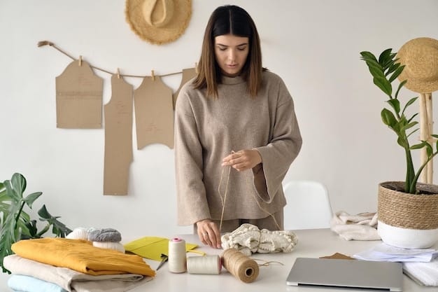 A fashion designer working in a studio filled with swatches of sustainable fabrics, including hemp, organic cotton, and recycled materials, emphasizing creativity and innovation.