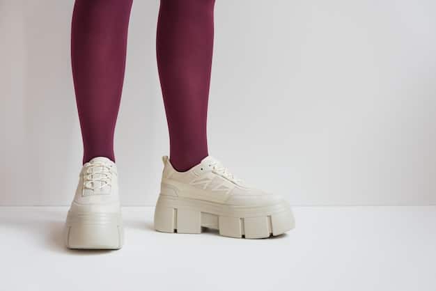 A close-up of a pair of chunky sneakers with a unique design, showcasing the platform sole and intricate details, paired with stylish socks and a casual outfit.