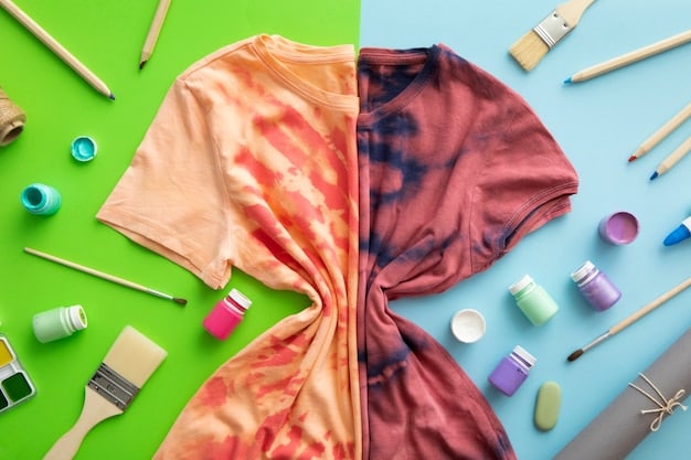A side-by-side comparison showing the environmental impact of two T-shirts: one produced through fast fashion methods (dirty water, textile waste piling up) and the other through sustainable methods (clean water, workers planting trees).