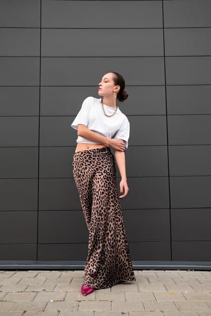 A full-length shot of a woman confidently wearing a mixed-print outfit: leopard-print pants and an abstract-patterned top. The background is a simple, neutral studio setting that focuses attention on the clothing.