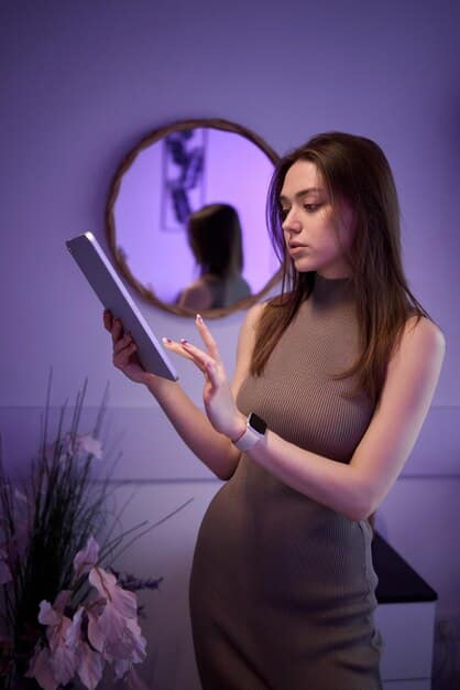 A fashion influencer using augmented reality (AR) on her tablet to virtually try on different outfits. The background is a minimalist, modern bedroom, emphasizing the focus on technology and personal style. The scene is well-lit, with a soft glow highlighting the AR interface and the influencer's engaged expression.