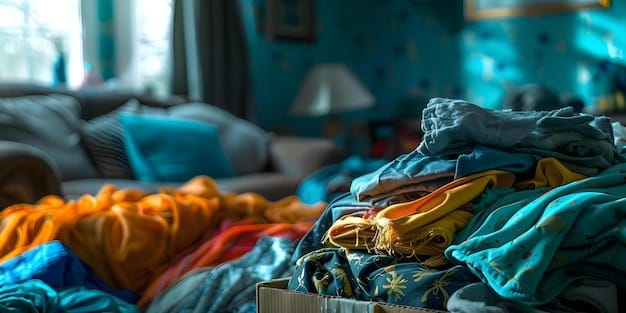 A person sorting through a pile of clothes, creating separate piles for 