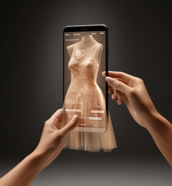 A person using a virtual try-on feature on a fashion app, superimposed with a realistic image of clothing on their body.