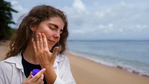 A woman applying sunscreen to her face, emphasizing the importance of sun protection in a skincare routine.