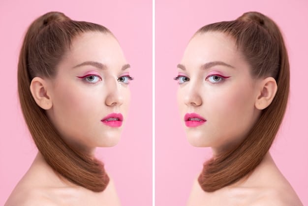 A split-screen image demonstrating the proper technique for contouring cheekbones and jawline, with one side of the face showing the unblended contour and the other side showing the seamlessly blended result.