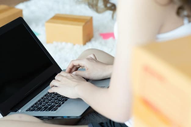 An image of a person's hands typing on a laptop, searching for shipping information on the Shein website.