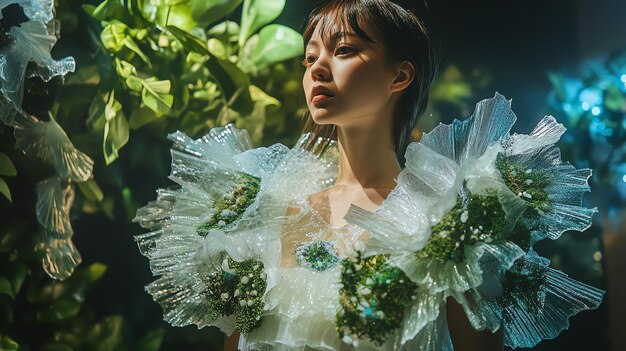 Zendaya wearing a stunning gown made from recycled ocean plastic, highlighting the beauty and elegance of sustainable fashion. The dress has intricate details and a flowing silhouette, emphasizing the material's texture and innovative design.