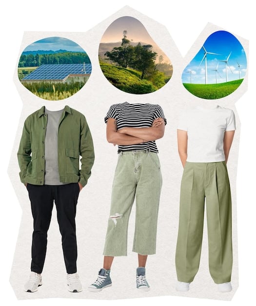 A collage of images showcasing different celebrities wearing sustainable and gender-neutral outfits. The collage includes examples of vintage dresses, ethically sourced clothing, and androgynous styles, highlighting the key trends driven by celebrities in 2025.