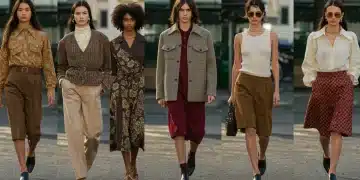Models in 2025 fashion inspired by 60s, 70s, 80s, 90s styles, urban backdrop.