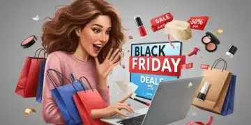 Woman happily shopping online for Black Friday deals on Shein4All, surrounded by fashion and beauty items.