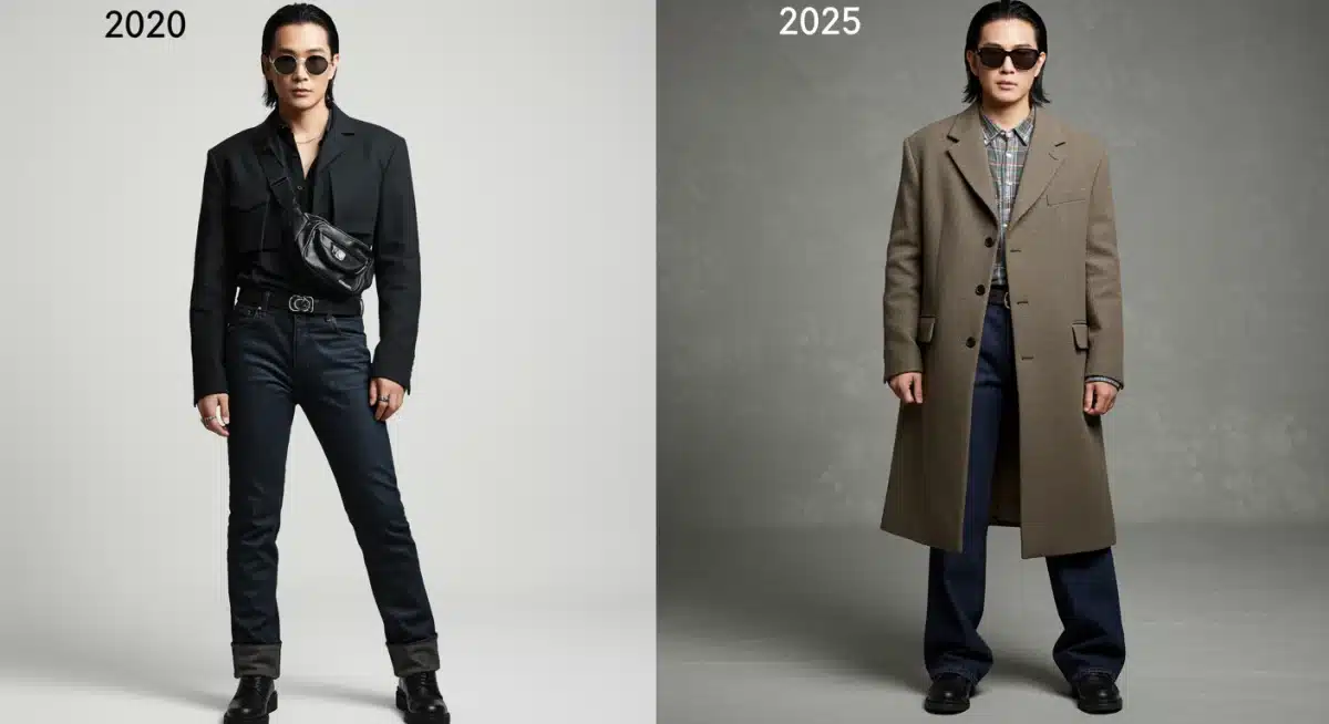 Visual comparison of a celebrity's style in 2020 versus 2025, illustrating fashion evolution.