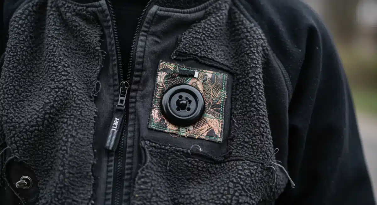Close-up of digitally printed or upcycled fabric detail on Gen Z fashion.