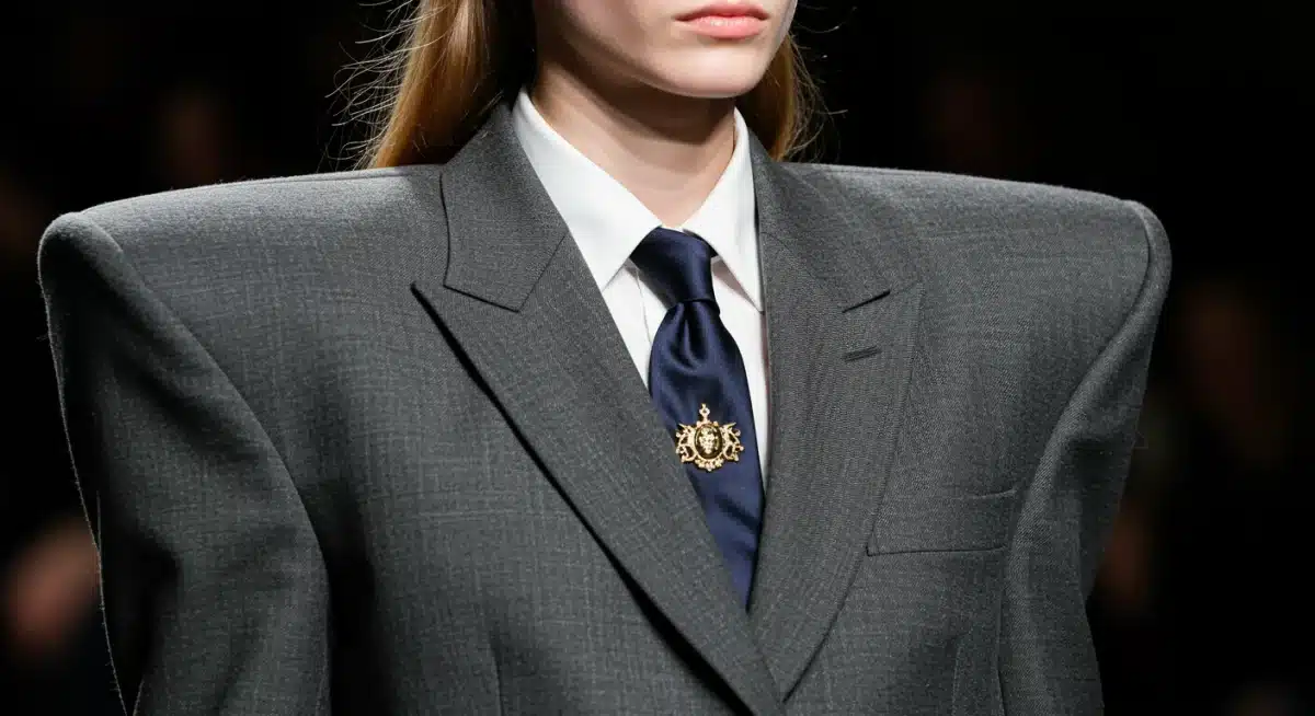Modern power suit with 80s shoulder pads and contemporary accessories.