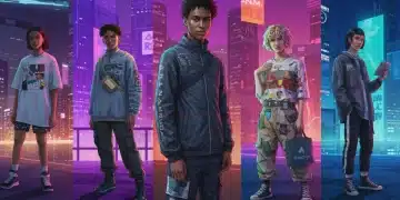 Gen Z individuals modeling 2025 fashion microtrends, blending digital and sustainable styles.