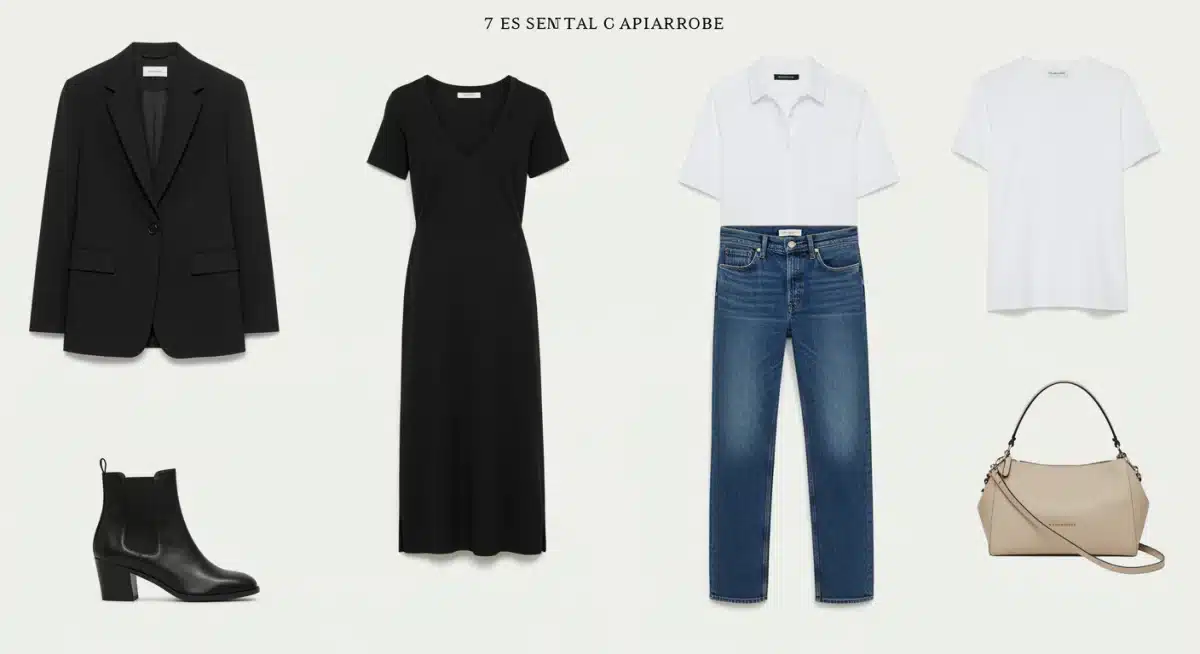 Flat lay of seven essential capsule wardrobe items: blazer, shirt, jeans, dress, tee, boots, handbag.