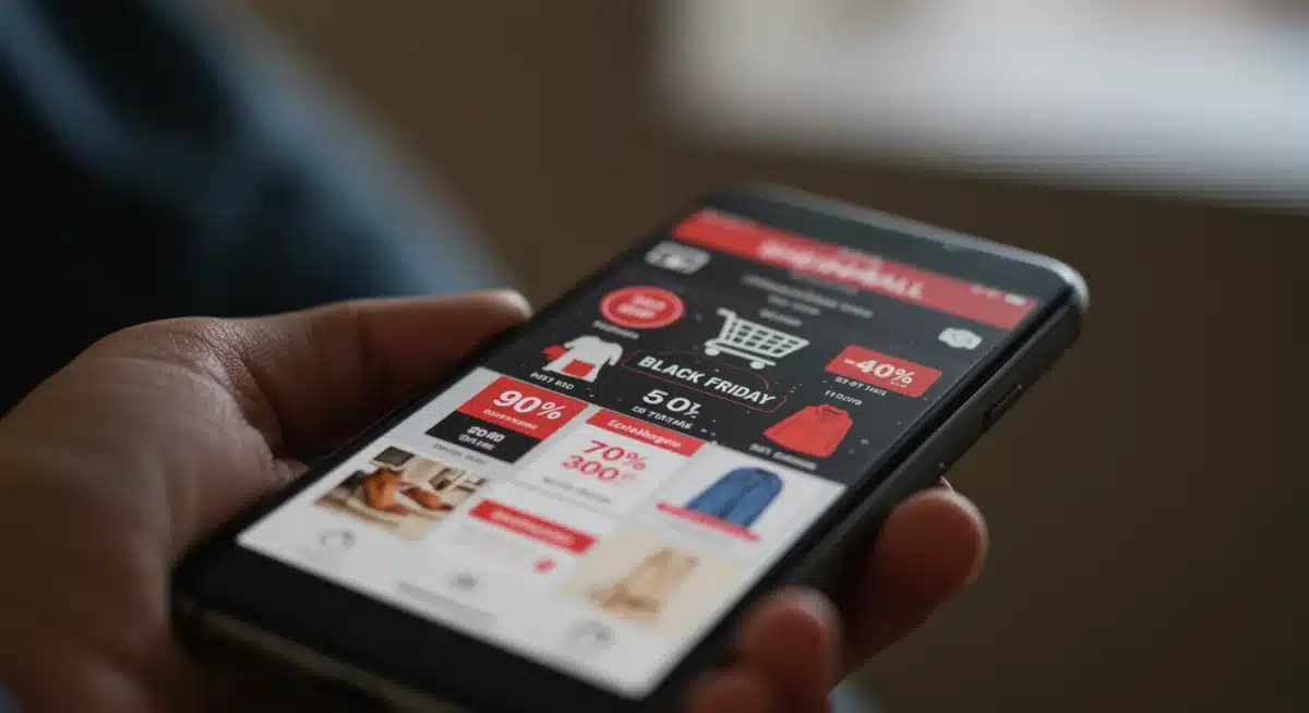 Smartphone displaying Shein4All app with Black Friday discounts and shopping cart.
