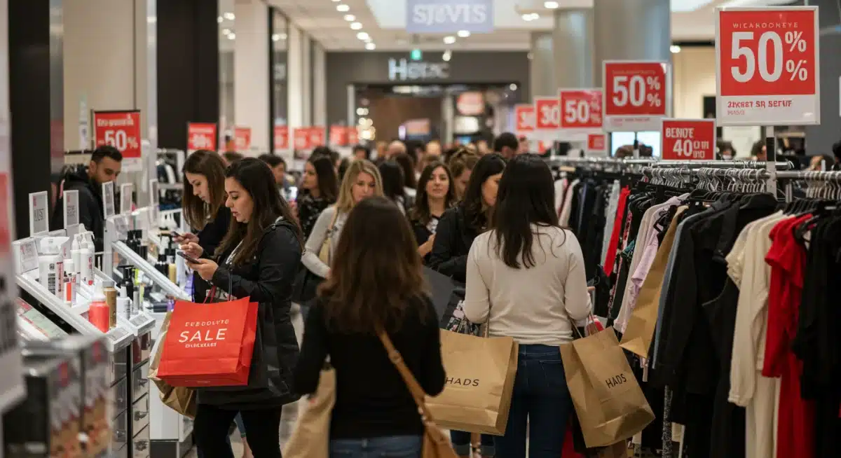 Shoppers excitedly exploring fashion and beauty deals during a January sales event in a bright US mall.