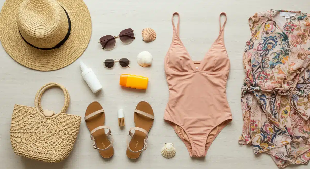Flat lay of tropical vacation essentials