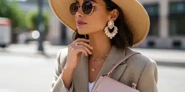 Woman showcasing 2025 accessory trends with statement earrings, layered necklace, and structured bag.