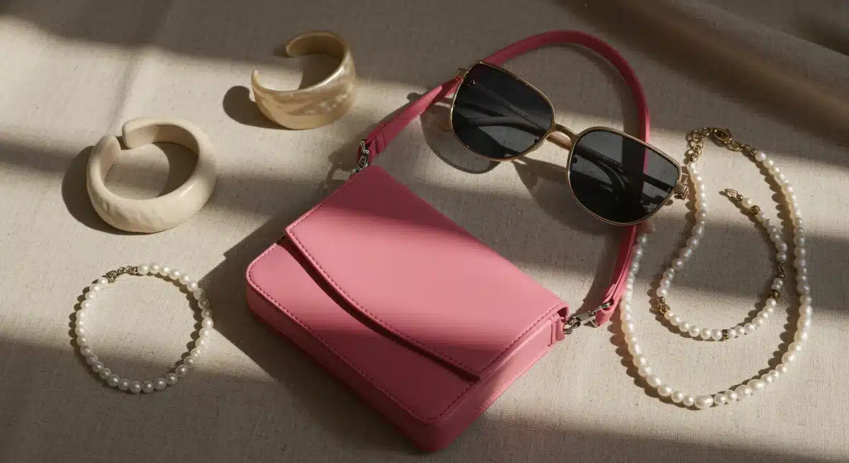 Curated selection of 2025 accessory trends: sculptural cuff, futuristic sunglasses, vibrant crossbody bag, and pearl necklace.