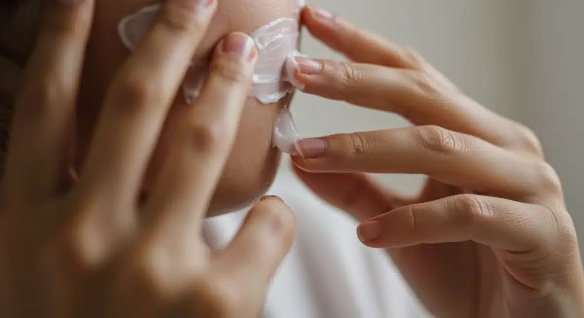 Hands applying a rich moisturizer to a hydrated face, emphasizing product application.