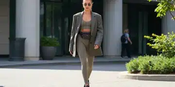 Celebrity in 2025 athleisure with structured blazer and sleek sneakers