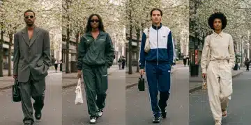 Celebrities showcasing diverse spring 2025 street style trends: relaxed tailoring, elevated athleisure, and conscious minimalism in an urban setting.