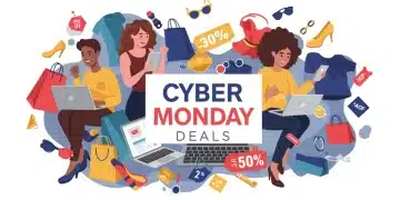 Fashion enthusiasts excitedly shopping online for Cyber Monday deals 2025