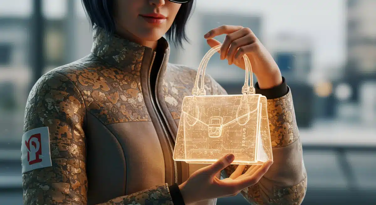 Digital avatar showcasing custom virtual jacket and glowing handbag