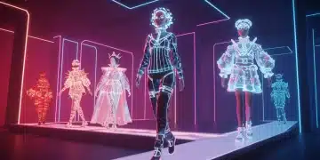 Futuristic virtual fashion show in metaverse with glowing digital apparel