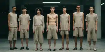 Models showcasing modern gender-neutral clothing designs from 2025 collections.