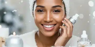 Woman with glowing, hydrated skin in a winter setting, showcasing effective dryness combat.