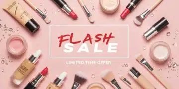 Assortment of luxury beauty products on sale, including makeup, skincare, and fragrances.