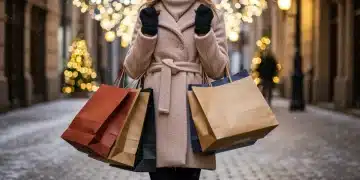 Woman with luxury shopping bags on a festive street