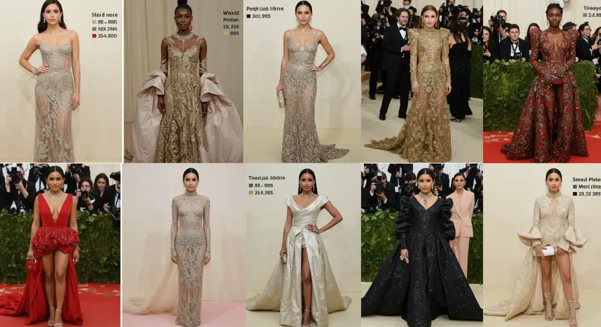 Collage of diverse 2025 Met Gala outfits with data overlays