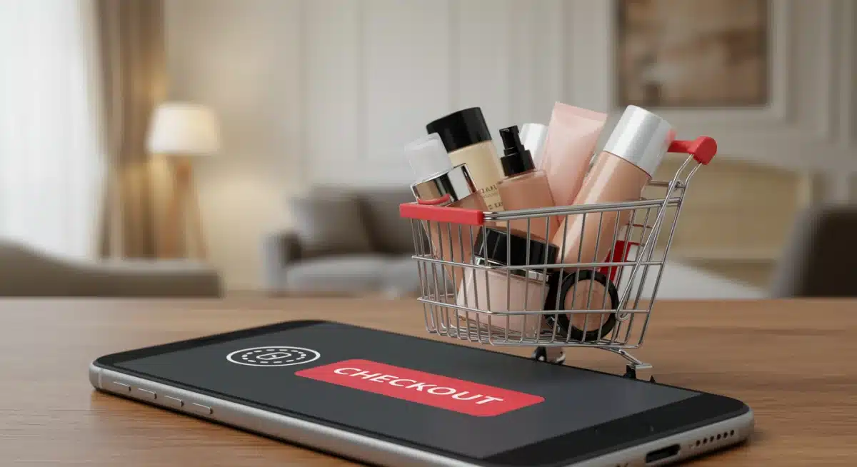 Online shopping cart on a smartphone with a countdown timer for a beauty sale.
