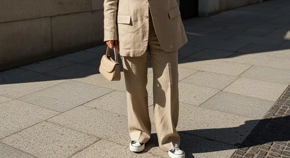 Person modeling relaxed tailoring trend: linen blazer, wide-leg trousers, and sneakers for a chic spring 2025 look.