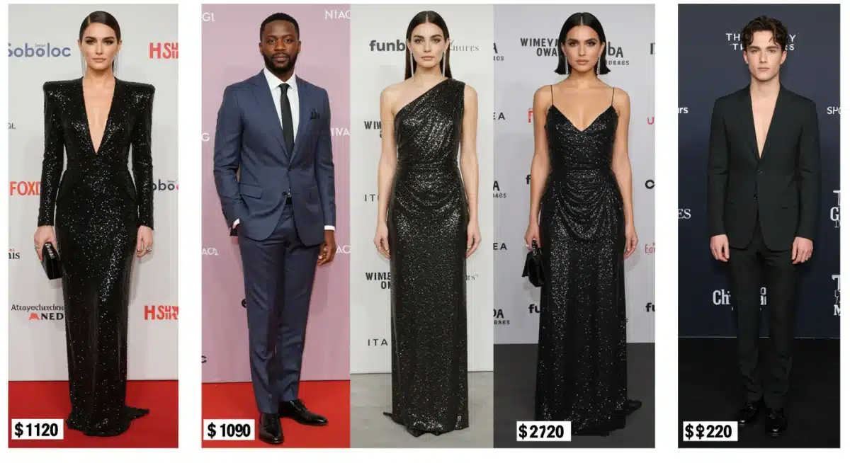 Collage showing 5 celebrity red carpet looks and their affordable replicas