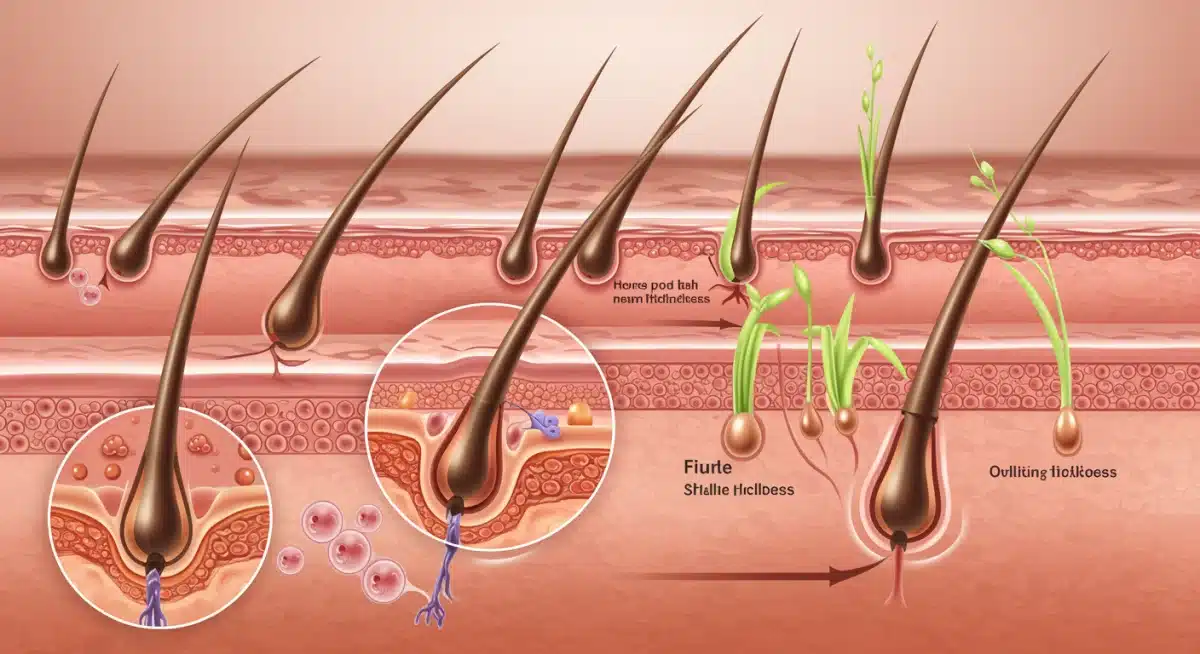 Microscopic view of hair follicles before and after topical treatment, illustrating increased hair density.