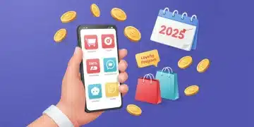 Hand holding smartphone with loyalty apps, coins, and shopping bags for 2025 savings