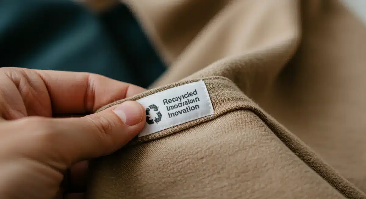 Hand holding fabric with a 'recycled content' label, symbolizing sustainable material innovation.