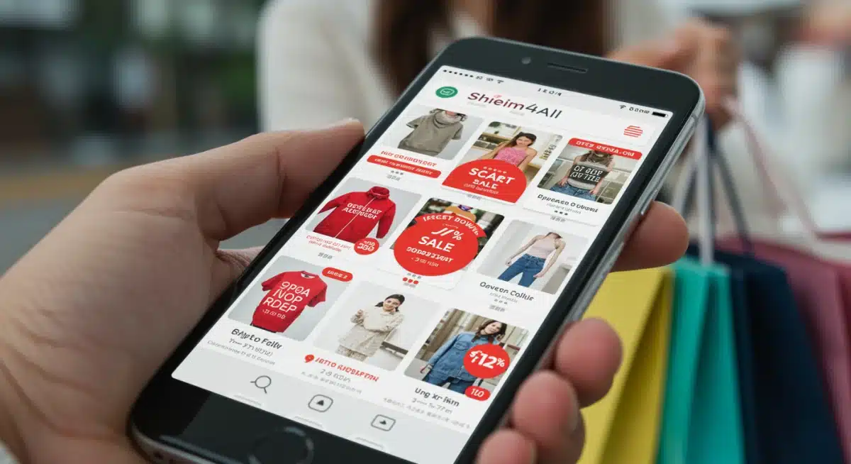 Smartphone displaying Shein4All flash sale items with countdown and discounted prices.