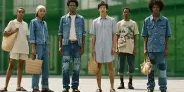 Diverse models wearing eco-friendly outfits in an urban environment, highlighting sustainable fashion trends 2026.