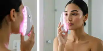 Woman using advanced LED light therapy mask for brighter skin