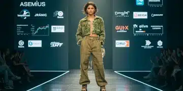 Zendaya on a 2026 futuristic fashion runway showcasing a collaborative design