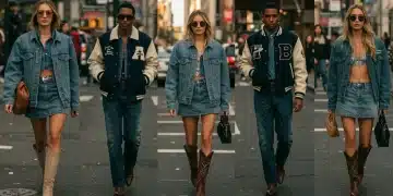 Stylish individuals wearing revived classic US fashion staples in a modern city setting