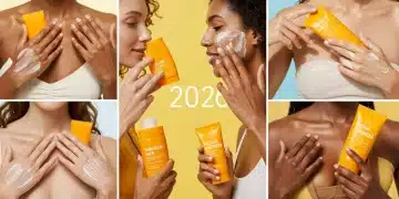 Diverse individuals applying broad-spectrum SPF 50+ sunscreens with no white cast on a sunny beach in 2026.