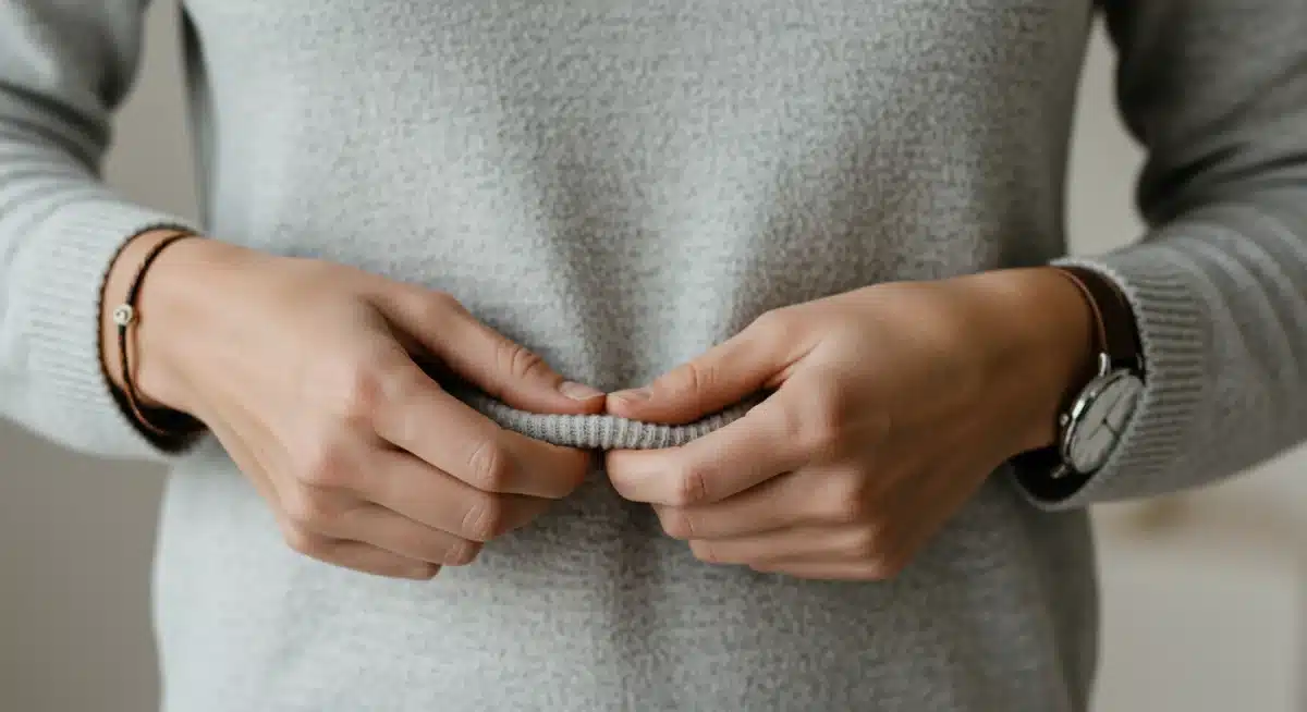 Hands touching luxurious cashmere sweater, emphasizing fabric quality